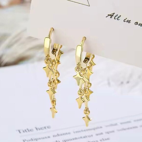 NWT Dangle Earrings Huggie Hoop Star Fringe Tassel 14K Gold Plated - Picture 4 of 10